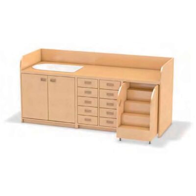 Wickelkommode mit ausziehbarer Treppe, Badewannenschrank, Säuglingsbadewanne, Doppeltür und 10 Schubkästen