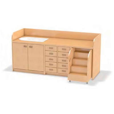 Wickelkommode mit ausziehbarer Treppe, Badewannenschrank, Säuglingsbadewanne, Doppeltür und 10 Schubkästen