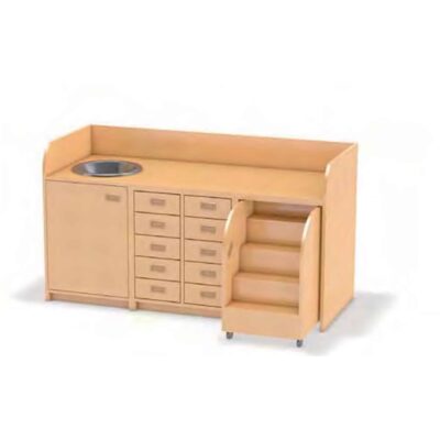 Wickelkommode mit ausziehbarer Treppe, Waschbeckenschrank mit Tür, Waschbecken aus Edelstahl und 10 Schubkästen