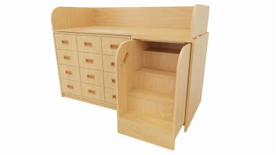 Wickelkommode mit ausziehbarer Treppe und 12 Schubkästen