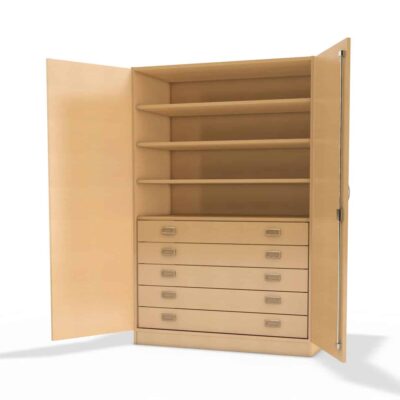 Werkraumschrank mit 3 Einlegeböden und 5 breiten Schubkästen