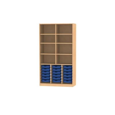 Materialschrank mit Mittelwand, 2 feste Böden und 6 Einlegeböden für 18 CS1 Boxen