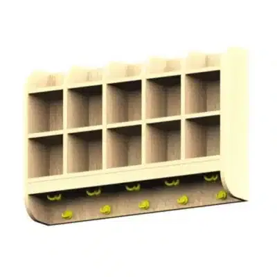 Garderobendoppelablage oben Elternfach, mittig 2 offene Fächer, mit Leiste für Erkennungsbildchen