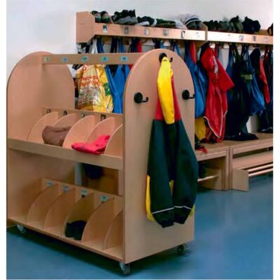 Garderobenwagen mit Ablageflächen auf 2 Ebenen und Dreifachhaken