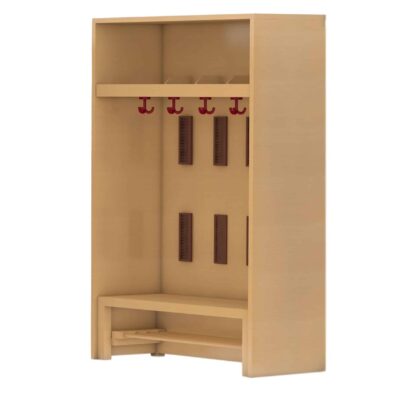 Garderobenspind mit Blende für Erkennungsbildchen, Dreifachhaken, Mützenfach Rückwand mit Lüftungsgitter