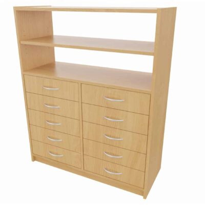 Hochschrank ST unten: mit 10 Schubkästen, oben: Regal offen (ohne Rückwand), 1 Einlegeboden