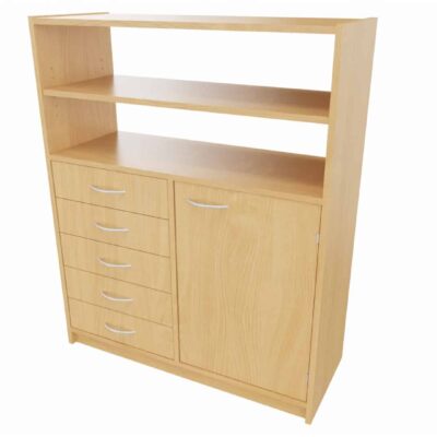 Hochschrank ST unten: Tür, 2 Einlegeböden, 5 Schubkästen, oben: Regal offen (ohne Rückwand), 1 Einlegeboden