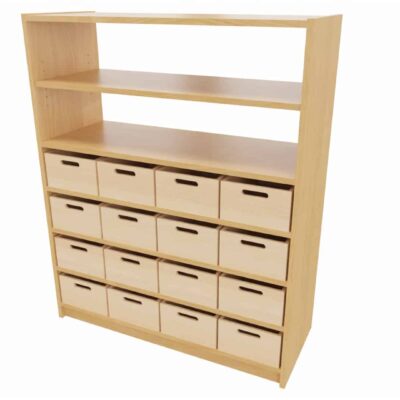 Hochschrank ST unten: 16 Materialkästen, 3 feste Böden oben: Regal offen (ohne Rückwand), 1 Einlegeboden