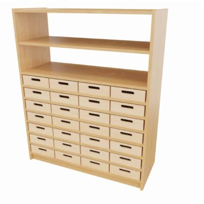 Hochschrank ST unten: 28 Eigentumskästen, 6 feste Böden oben: Regal offen (ohne Rückwand), 1 Einlegeboden