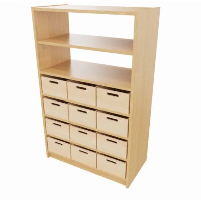 Hochschrank ST unten: 12 Materialkästen, 3 feste Böden oben: Regal offen (ohne Rückwand), 1 Einlegeboden