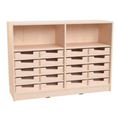 Echtholz Regal M, Breite: 121 cm, 20 Holzkästen, Höhe: 7 cm