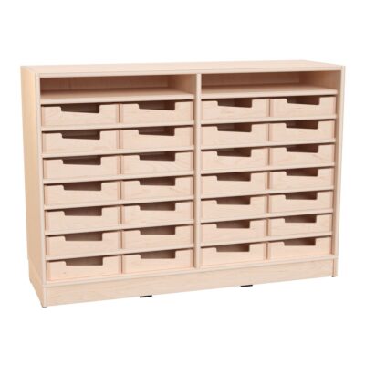 Echtholz Regal M, Breite: 121 cm, 28 Holzkästen, Höhe: 7 cm