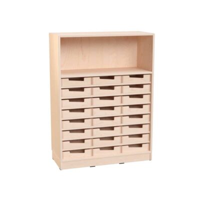 Echtholz Regal L, 24 Holzkästen Höhe: 7 cm + 1 Ordnerfach