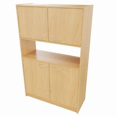 Hochschrank STT unten: Doppeltür, mit Mittelwand, je 2 Einlegeböden, mittig: offenes Fach, (ohne Rückwand) oben: Doppeltür, mit Mittelwand, je 1 Einlegeboden