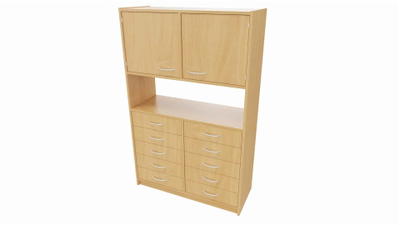 Hochschrank STT unten: 10 Schubkästen, mittig: offenes Fach, (ohne Rückwand) oben: Doppeltür, mit Mittelwand