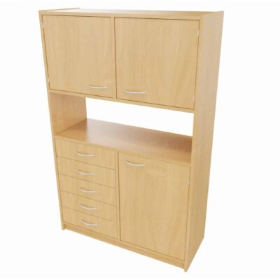 Hochschrank STT unten: Tür, 5 Schubkästen, mittig: offenes Fach, (ohne Rückwand) oben: Doppeltür, mit Mittelwand