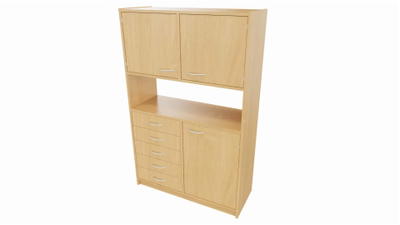 Hochschrank STT unten: Tür, 5 Schubkästen, mittig: offenes Fach, (ohne Rückwand) oben: Doppeltür, mit Mittelwand
