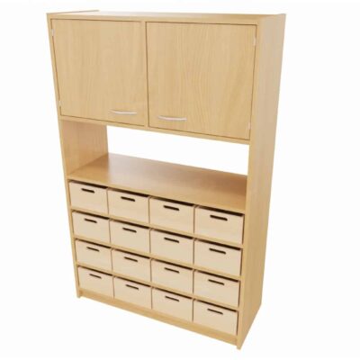 Hochschrank STT unten: 16 Materialkästen, mittig: offenes Fach, (ohne Rückwand) oben: Doppeltür, mit Mittelwand