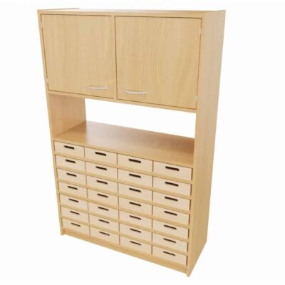 Hochschrank STT unten: 28 Materialkästen, mittig: offenes Fach, (ohne Rückwand) oben: Doppeltür, mit Mittelwand