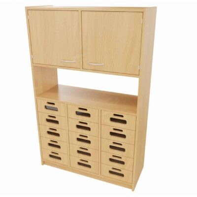 Hochschrank STT unten: 15 Schubkästen mit Acrylglasfront, mittig: offenes Fach, (ohne Rückwand) oben: Doppeltür, mit Mittelwand