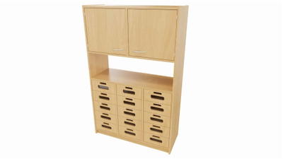 Hochschrank STT unten: 15 Schubkästen mit Acrylglasfront, mittig: offenes Fach, (ohne Rückwand) oben: Doppeltür, mit Mittelwand