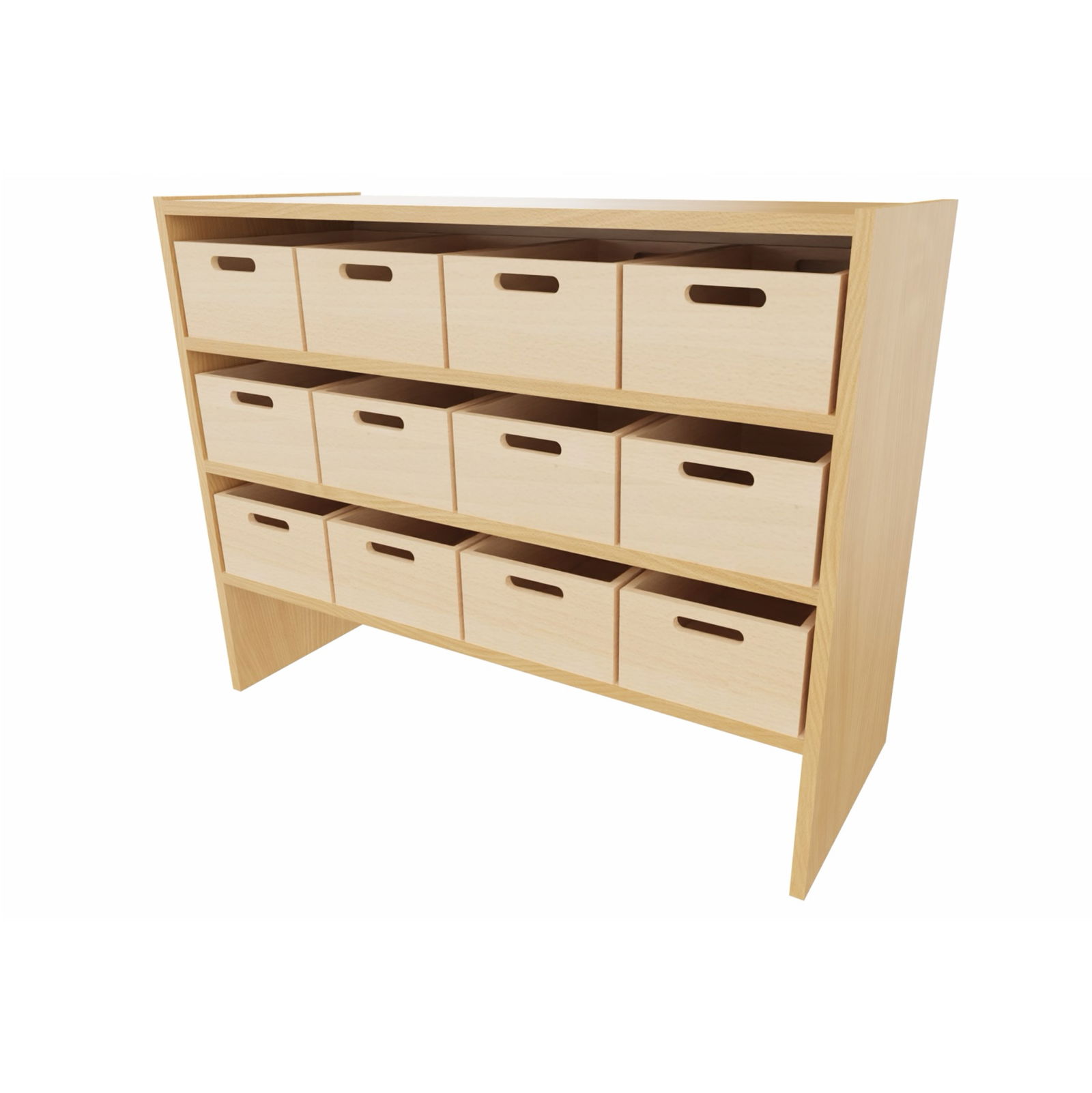 Sockelnischenschrank mit 12 Materialkästen, 2 feste Böden