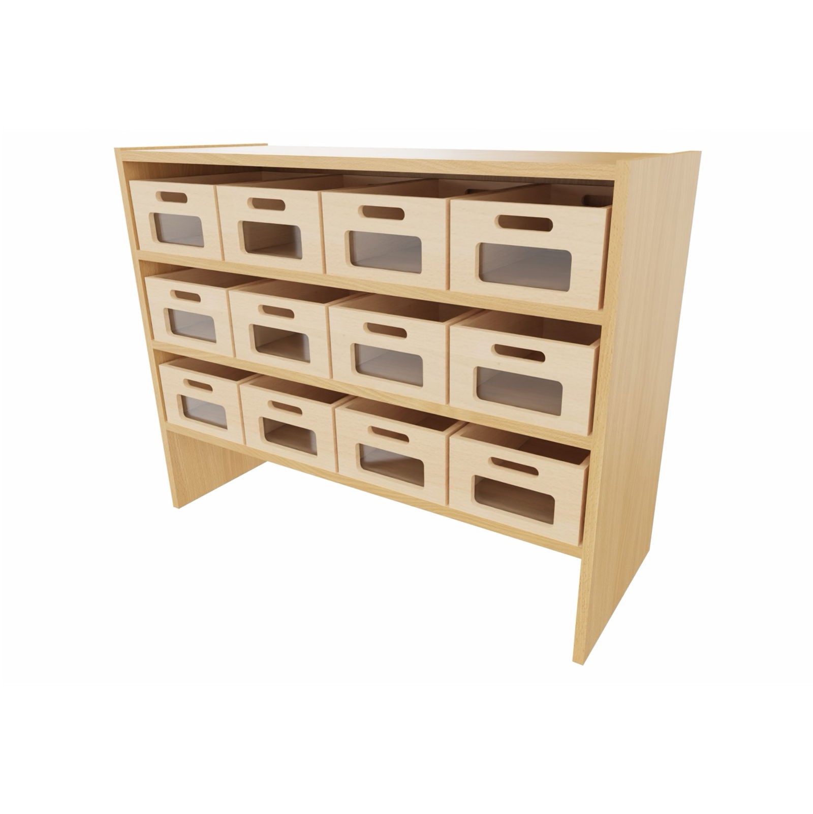 Sockelnischenschrank mit 12 Materialkästen Acrylglasfront, 2 feste Böden