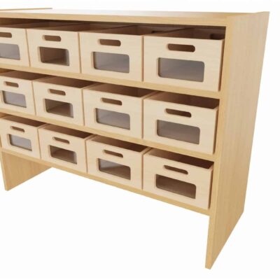 Sockelnischenschrank mit 12 Materialkästen Acrylglasfront, 2 feste Böden