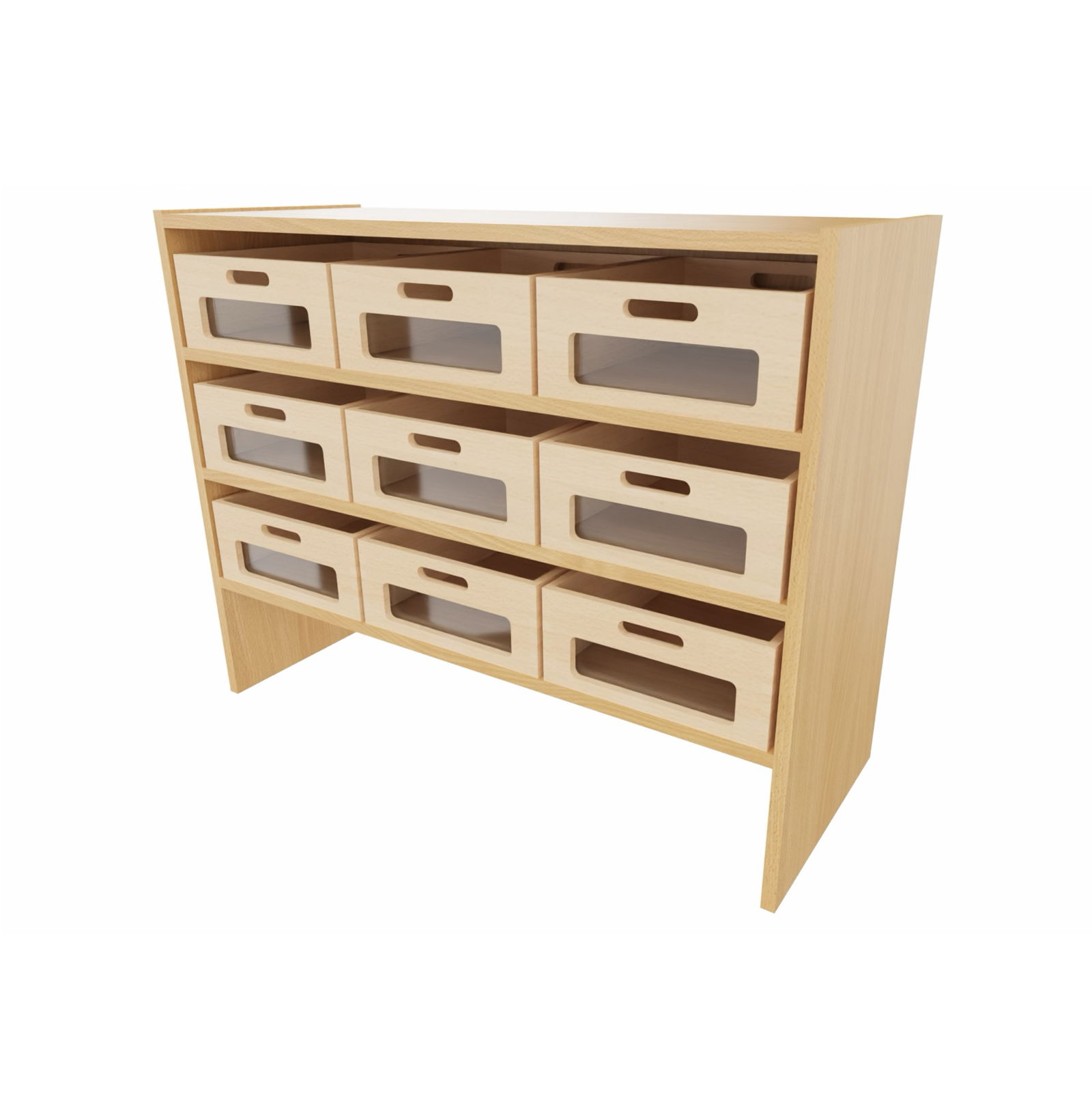 Sockelnischenschrank mit 9 Materialkästen Acrylglasfront, 2 feste Böden