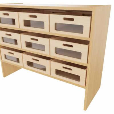 Sockelnischenschrank mit 9 Materialkästen Acrylglasfront, 2 feste Böden