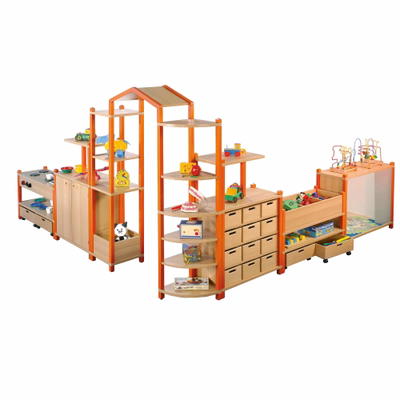 VANESSA Regalsystem – Schrank mit Materialkästen, Durchgang, Spielküche und Regal mit Spiegelrückwand