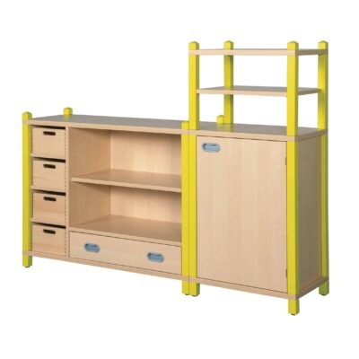 TAYLER Regalsystem - Schränke mit 4 Materialkästen und 1 breiten Schub, mit Tür und oben Regal