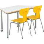 Tisch Mila HPL (trapezförmig, grau) auf Rollen, mit Stühlen Ergo gelb, Sitzhöhe: 43 cm (Set Nr. 142 – Gr. 5) - ZEST5542