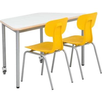 Tisch Mila HPL (trapezförmig, grau) auf Rollen, mit Stühlen Ergo gelb, Sitzhöhe: 43 cm (Set Nr. 142 - Gr. 5)