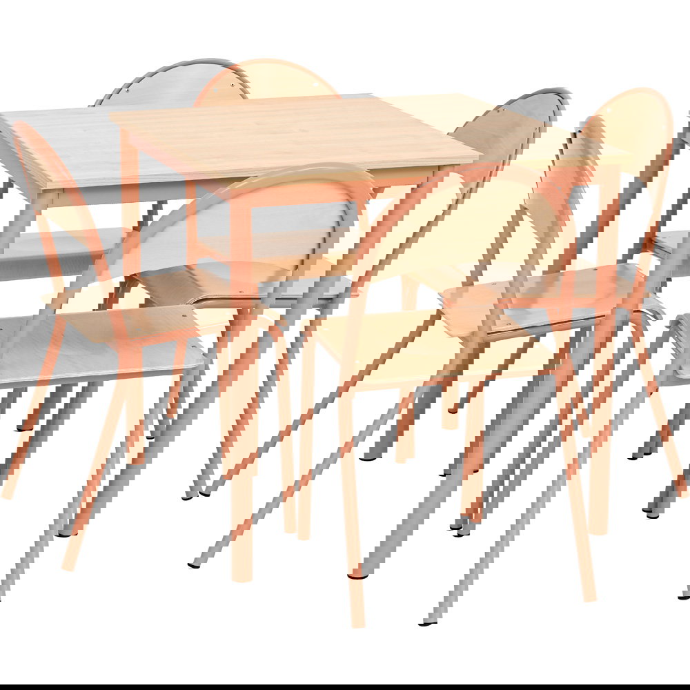 Tisch MILA (80x80 cm, Ahorn E) mit Stühlen P, apricot, SH 46 cm