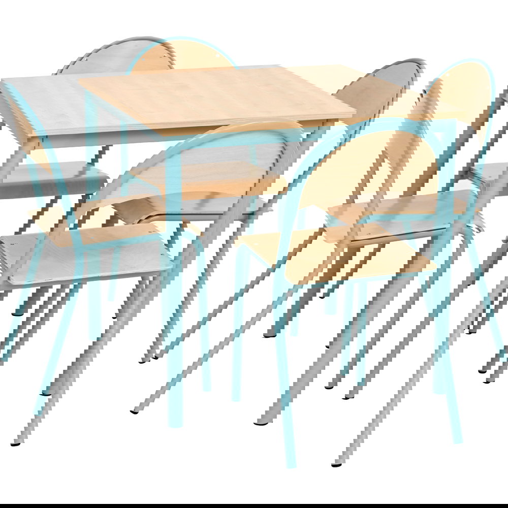 Tisch MILA (80x80 cm, Ahorn E) mit Stühlen P, eisblau, SH 46 cm