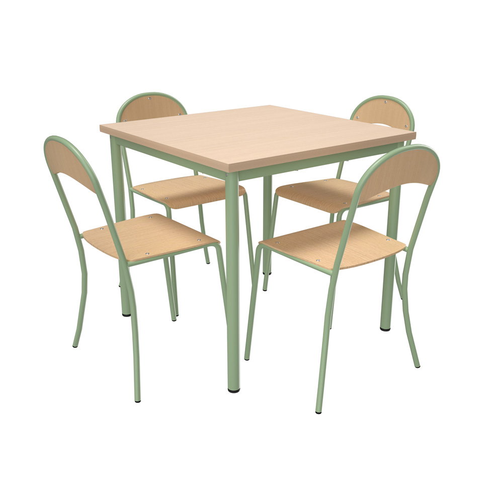 Tisch Mila (80x80 cm, Ahorn E) mit Stühlen P, apfelgrün, SH 46 cm