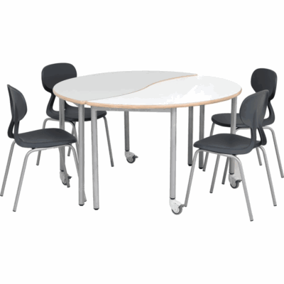 Tische Mila HPL (halbrund wellenförmig) auf Rollen, mit 4 Stühlen Colores grau, Sitzhöhe: 46 cm (Set Nr. 147 - Gr. 6)