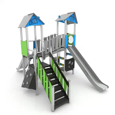 Spielanlage mit Rutsche, Brücke, Treppe und Kletterelementen – STEEL+ 1709