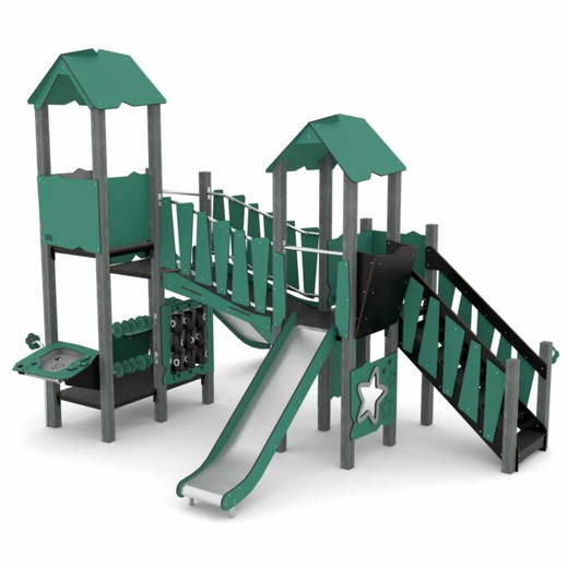 22d9-rc15041s Spielturm-Anlage mit 2 Türmen, Rutsche, Brücke und Spielwänden – RECYCLED RC1504 - 22d9 rc15041s