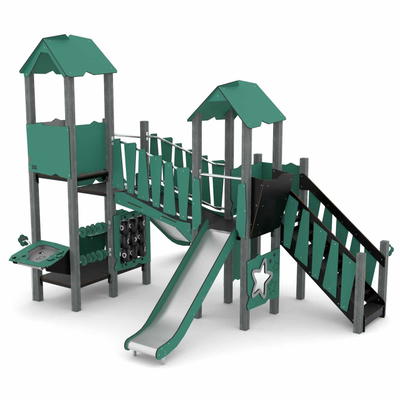 Spielturm-Anlage mit 2 Türmen, Rutsche, Brücke und Spielwänden – RECYCLED RC1504