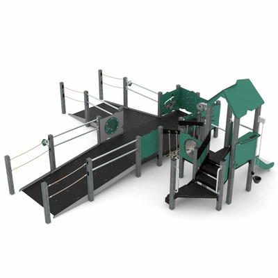 Rollstuhlgerechte Spielturm-Anlage mit Rutsche, Aufgänge und Spieltafeln – RECYCLED RC1505