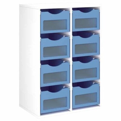 Schrank mit Melamimbeschichtung H: 102 cm - L: 70,5 cm mit 8 Holzbehältern auf Schienen