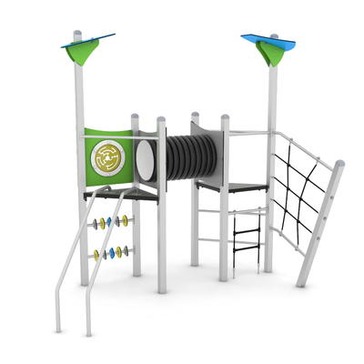 Spielturm mit Rutsche, Rohrdurchgang, Treppe und Xylophon – STEEL+ 1724