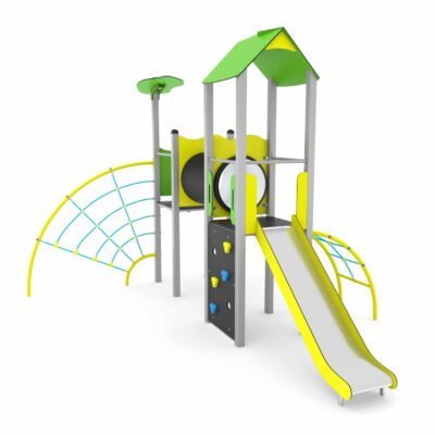 Spielturm Spinne mit Rutsche, Kriechrohr und Kletterelementen - STEEL 0204