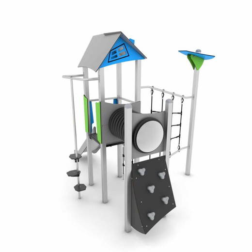 9dd6-17041s Spielturm mit Rutsche, Kriechrohr und Kletterelementen – STEEL+ 1704 - 9dd6 17041s