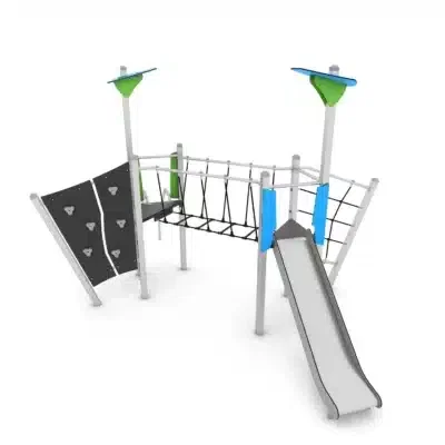 Spielturm mit Rutsche, Wackelbrücke und Kletterelementen - STEEL+ 1706