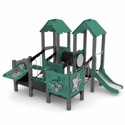 Spielturm-Anlage mit 2 Türmen, Rutsche und Spielwänden – RECYCLED RC1503