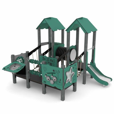 Spielturm-Anlage mit 2 Türmen, Rutsche und Spielwänden – RECYCLED RC1503