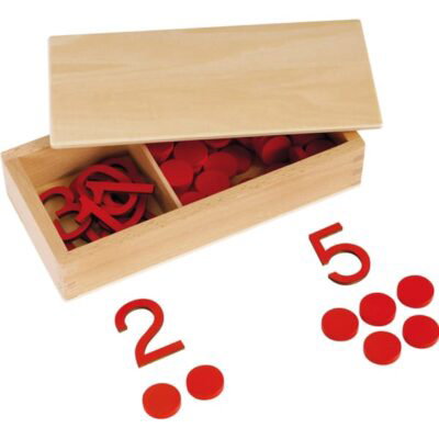 Montessori Ziffern und Chips in Holzbox